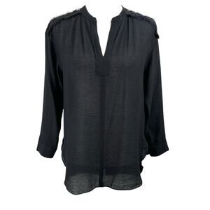 Minimalist Black Sheer Tunic Blouse Shoulder Fringe Avant Garde Chic Y2K L/XL